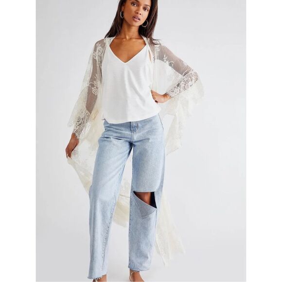 New Free People Muche Muchette Barbara Tiered Lace Kimono One Size - Picture 2 of 8